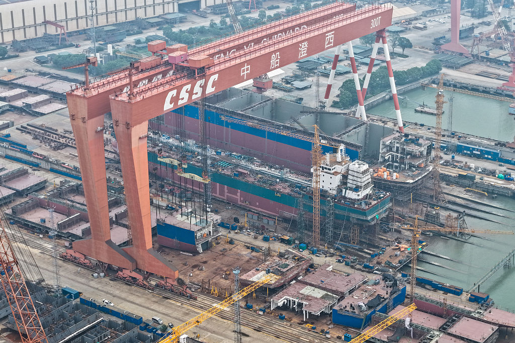 Ships are built at CSSC Chengxi Yangzhou Shipbuilding in Yangzhou, China, in August 2025. (CFOTO/Future Publishing via Getty Images)